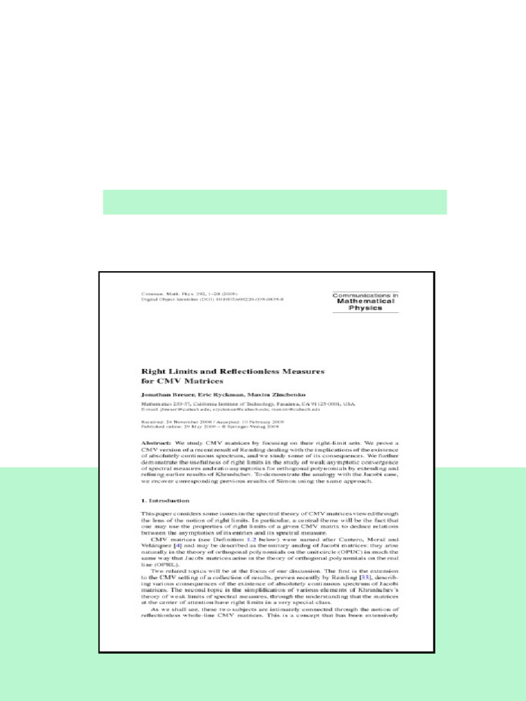 Communications In Mathematical Physics Volume 292 M Aizenman Chief ...