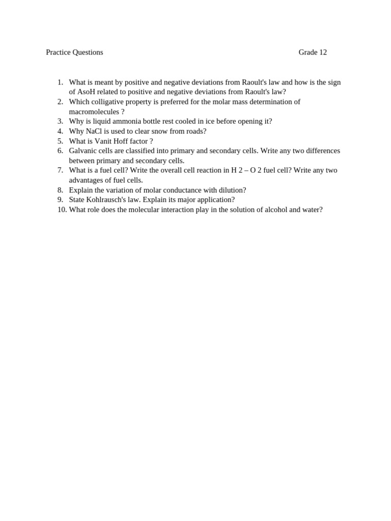 Grade 12 Chemistry Practice Questions | PDF