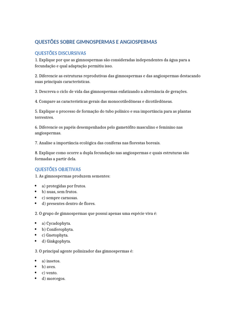 Questões sobre Gimnospermas e Angiospermas | PDF | Reprodução sexual ...