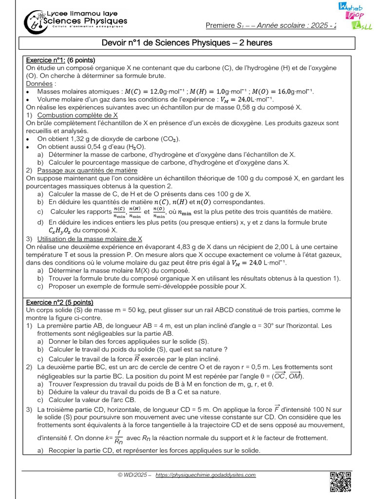Devoir de Sciences Physiques S1 2025-2026 | PDF | Masse | Oxygène