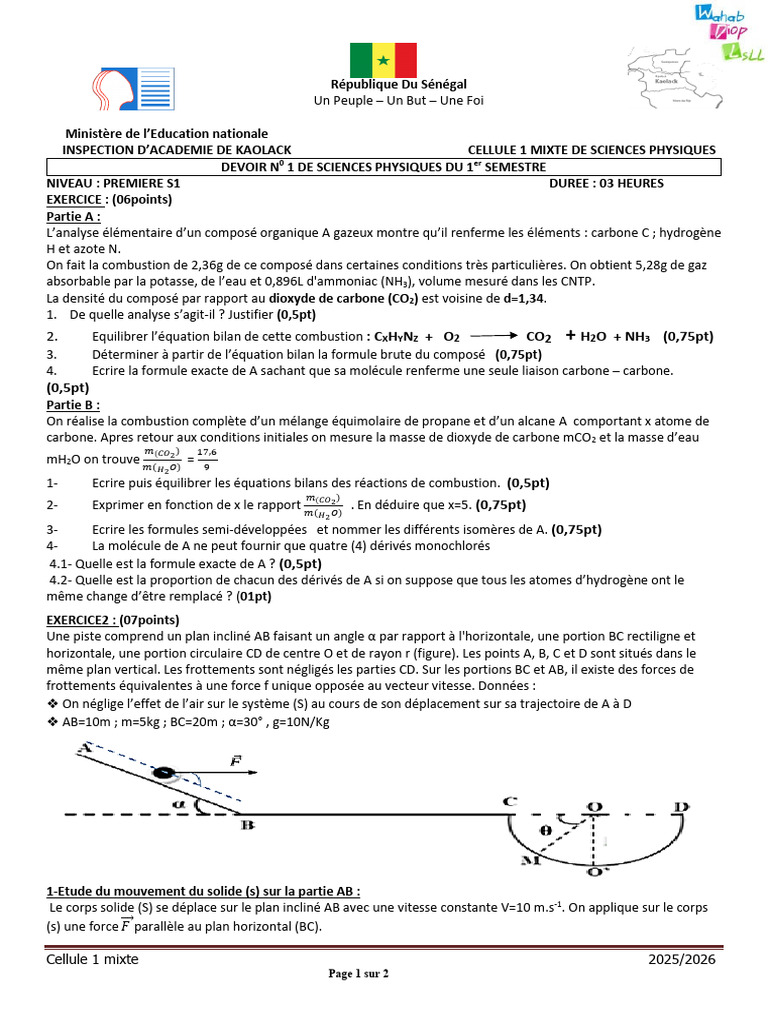 Devoir de Sciences Physiques S1 2025/2026 | PDF | Rotation | Obliger