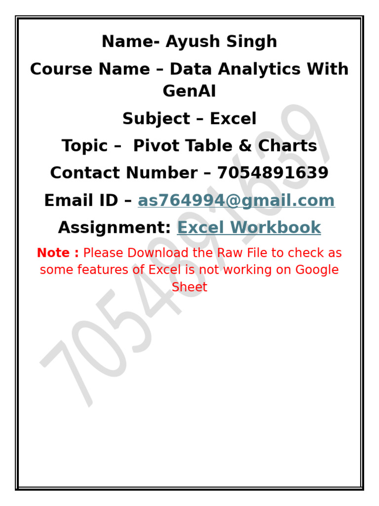 Excel Pivot Table & Charts Assignment | PDF