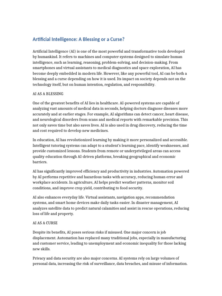 AI Blessing or Curse Essay (1) | PDF | Artificial Intelligence ...