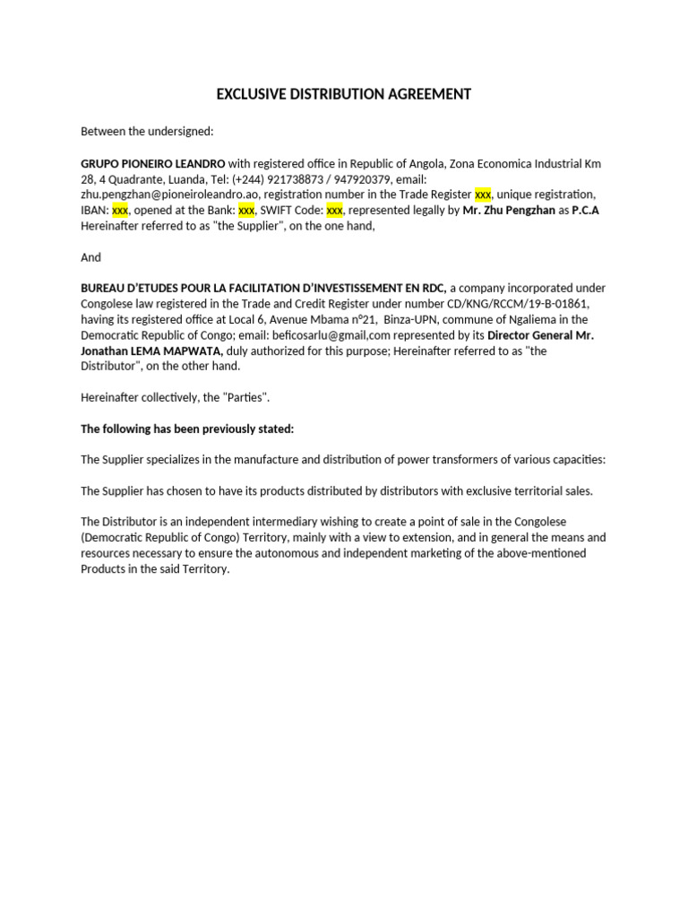 Exclusive Distribution Agreement Grupo Pioneiro Leandro-befico | PDF ...