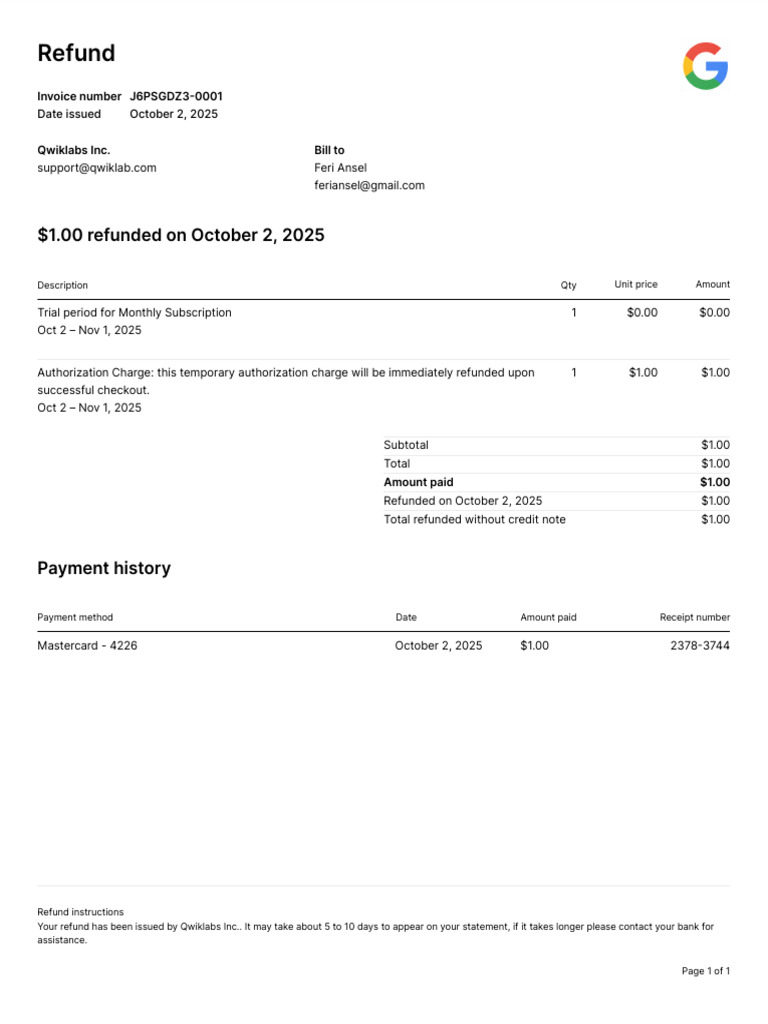 Qwiklabs Refund Invoice J6PSGDZ3-0001 | PDF