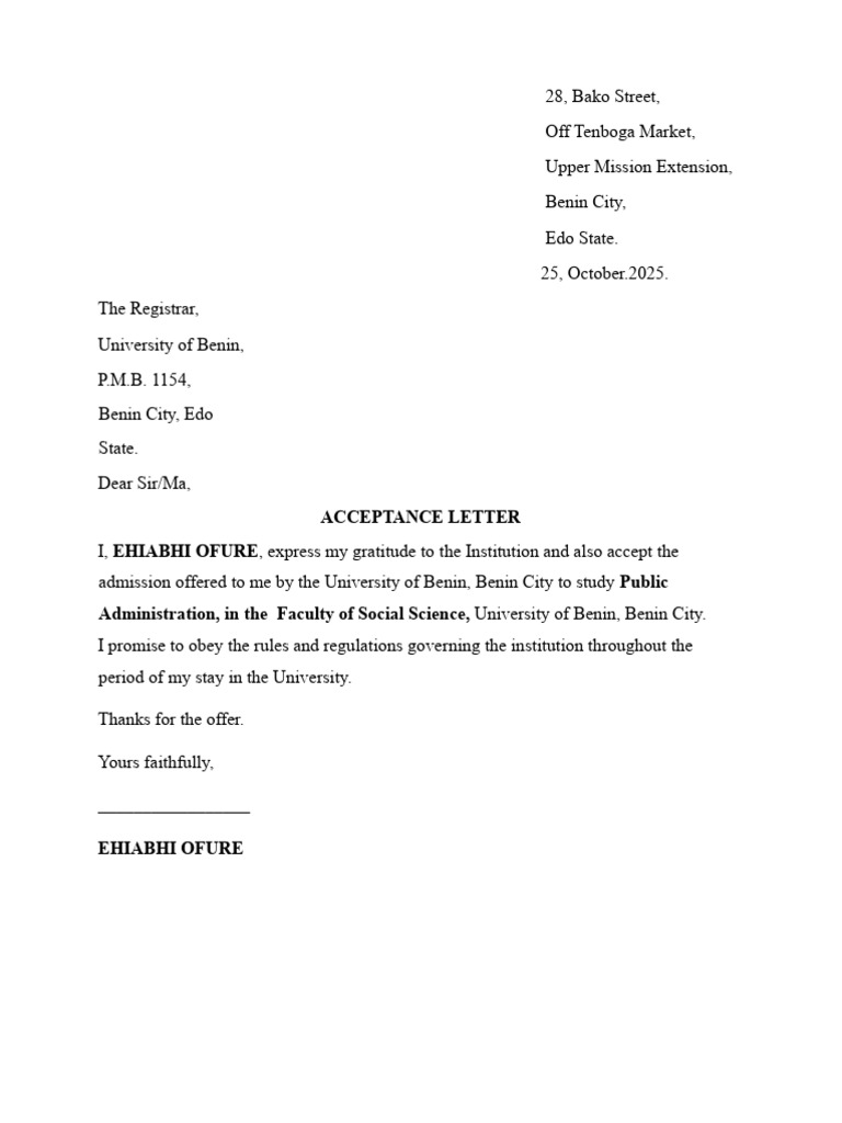 University of Benin Admission Letters | PDF