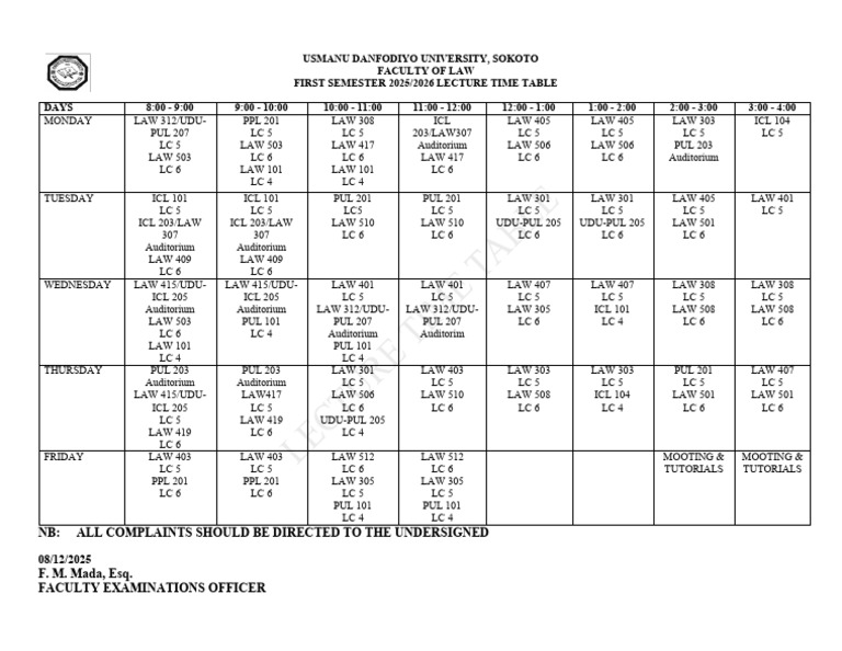 Law Faculty Lecture Timetable 2025/2026 | PDF