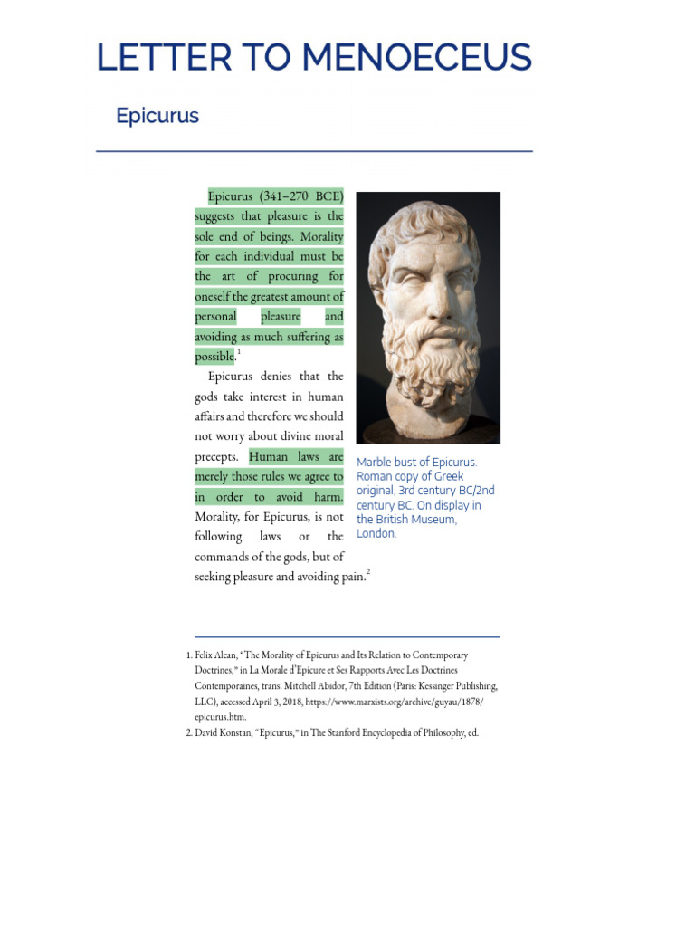 Week 2 - Epicurus, Letter to Menoeceus | PDF | Pleasure | Prudence