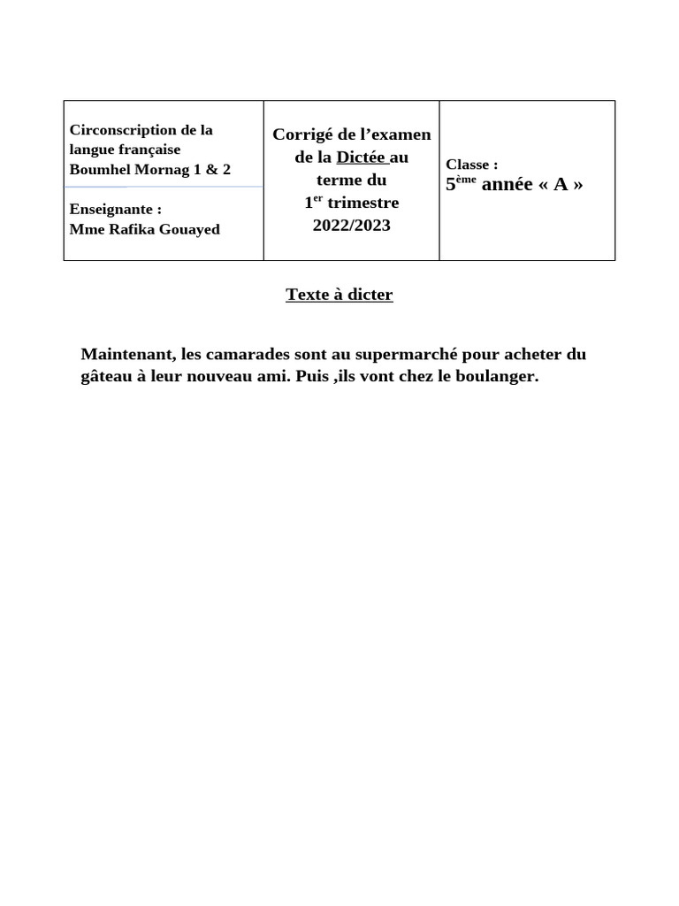 Corrigé de la dictée 5ème année A | PDF