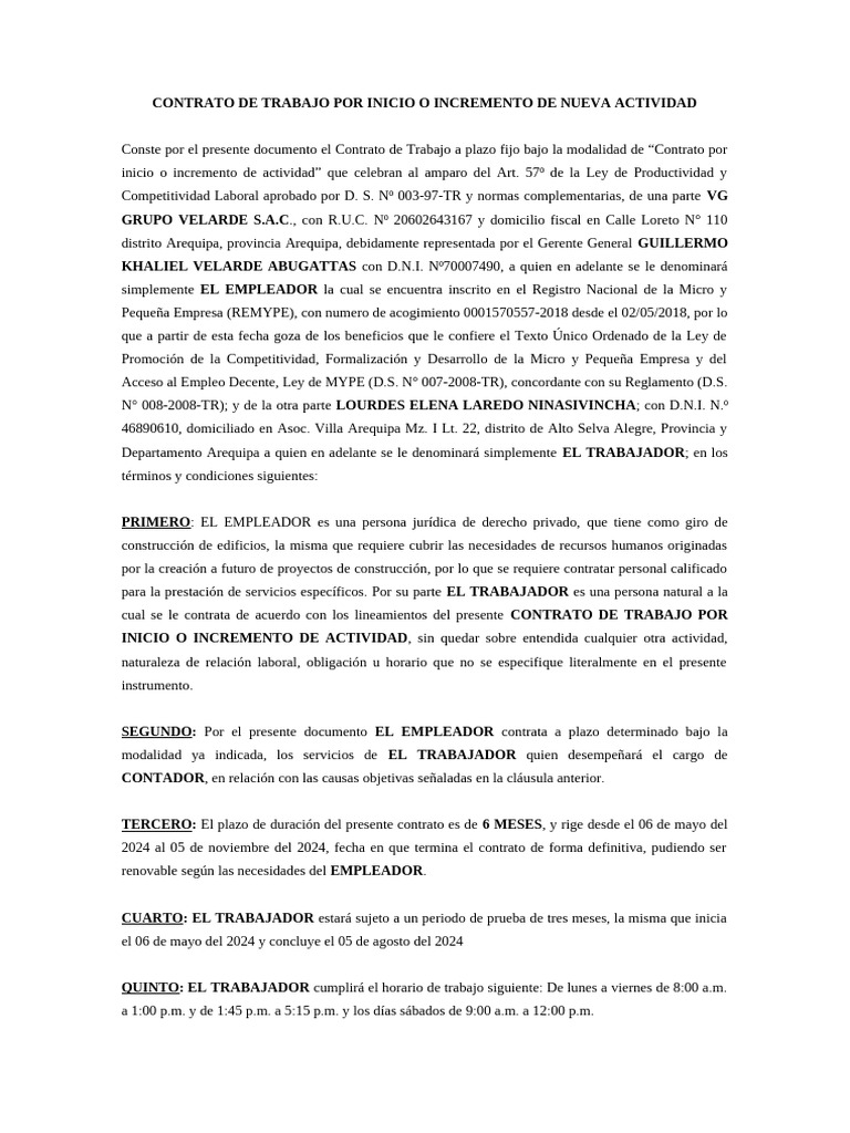 Contrato de Trabajo por Nueva Actividad | PDF | Derecho laboral | Economias