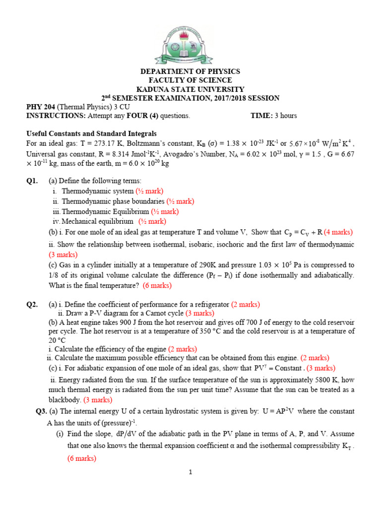 PHY 204 EXAMS 2017-2018 | PDF | Temperature | Gases