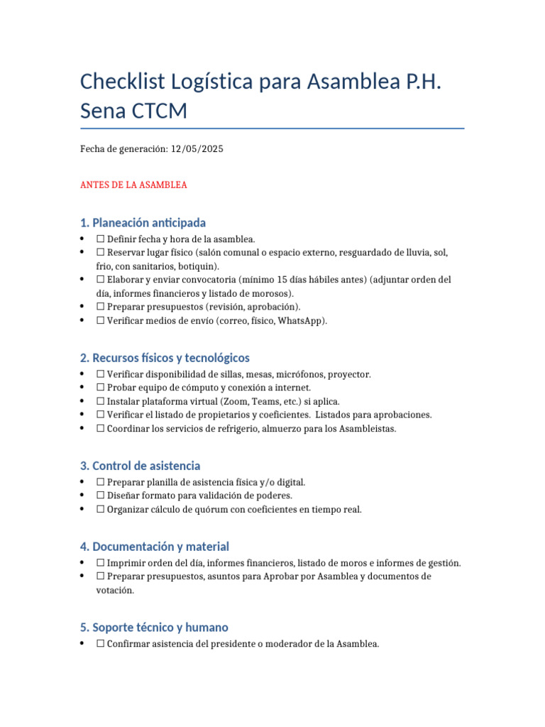 Checklist Logística Asamblea P.H. | PDF