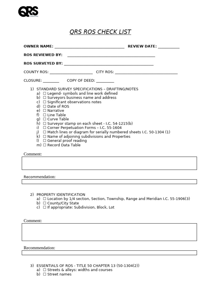 QRS ROS Checklist for Survey Compliance | PDF
