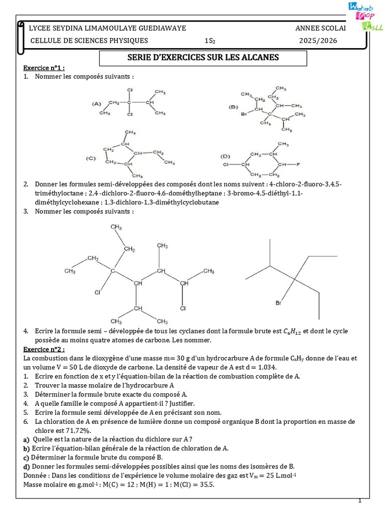 Exercices sur les alcanes et leurs réactions | PDF | Alcane | Carbone
