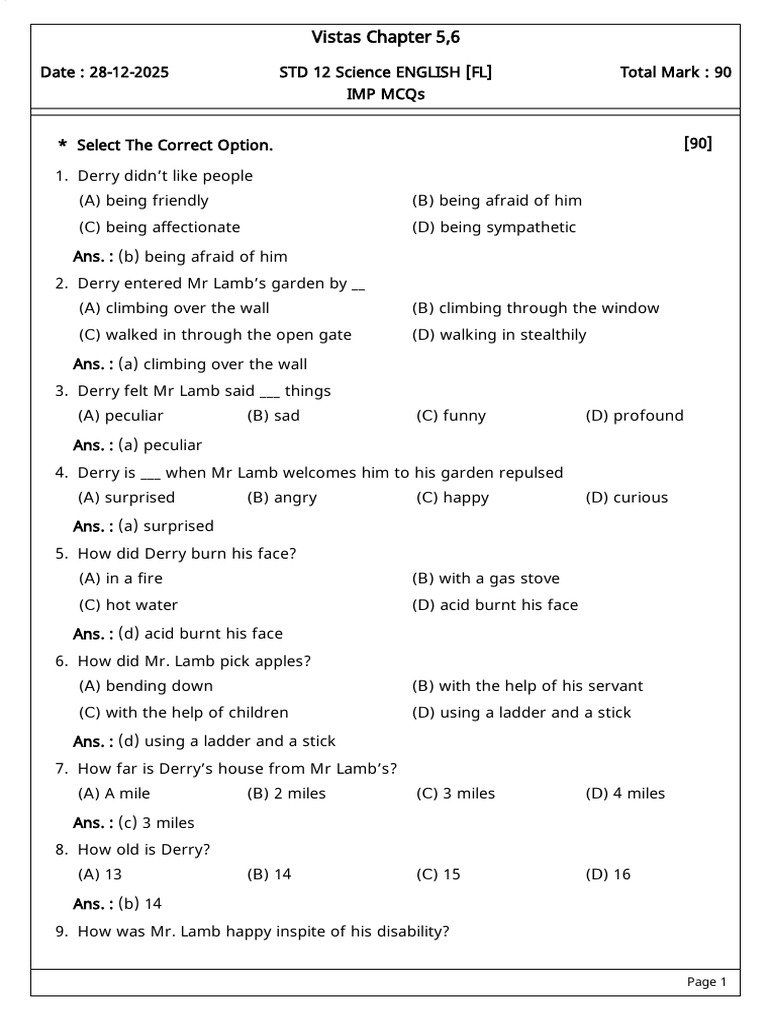 Imp MCQs for Vistas Chapters 5-6 | PDF