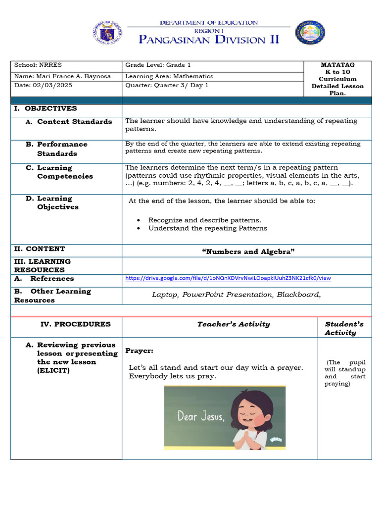 Grade 1 Math Lesson Plan: Repeating Patterns | PDF | Teachers | Learning