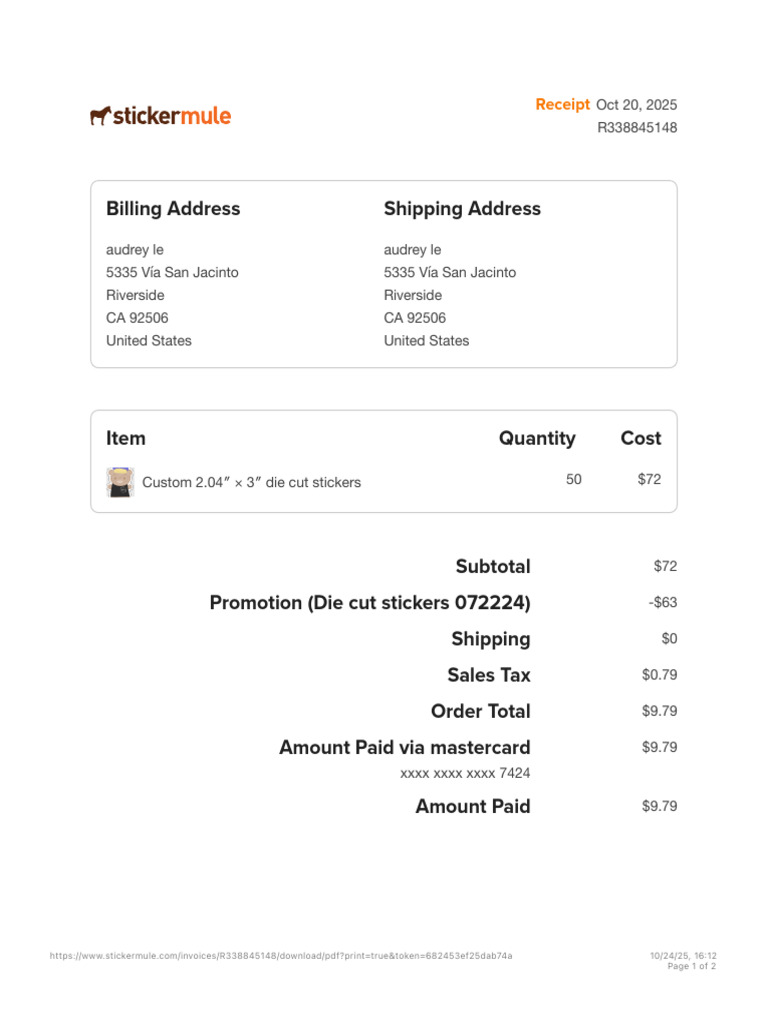 Receipt for Custom Die Cut Stickers | PDF