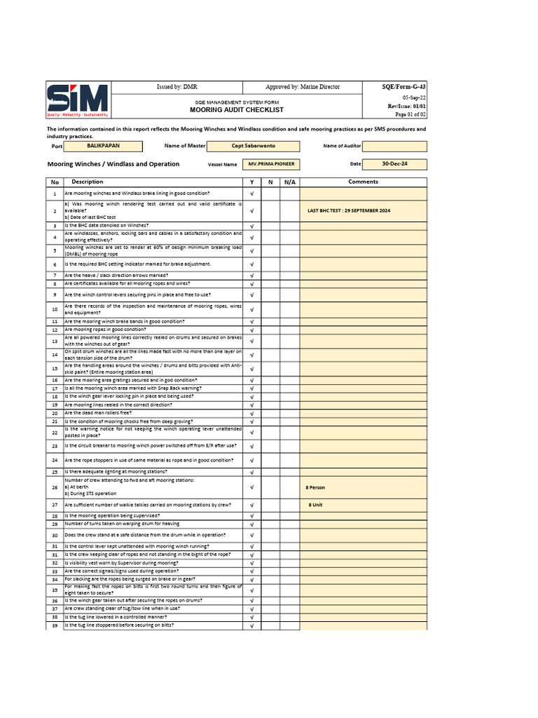 Mooring Audit Checklist for Vessels | PDF | Anchor | Watercraft