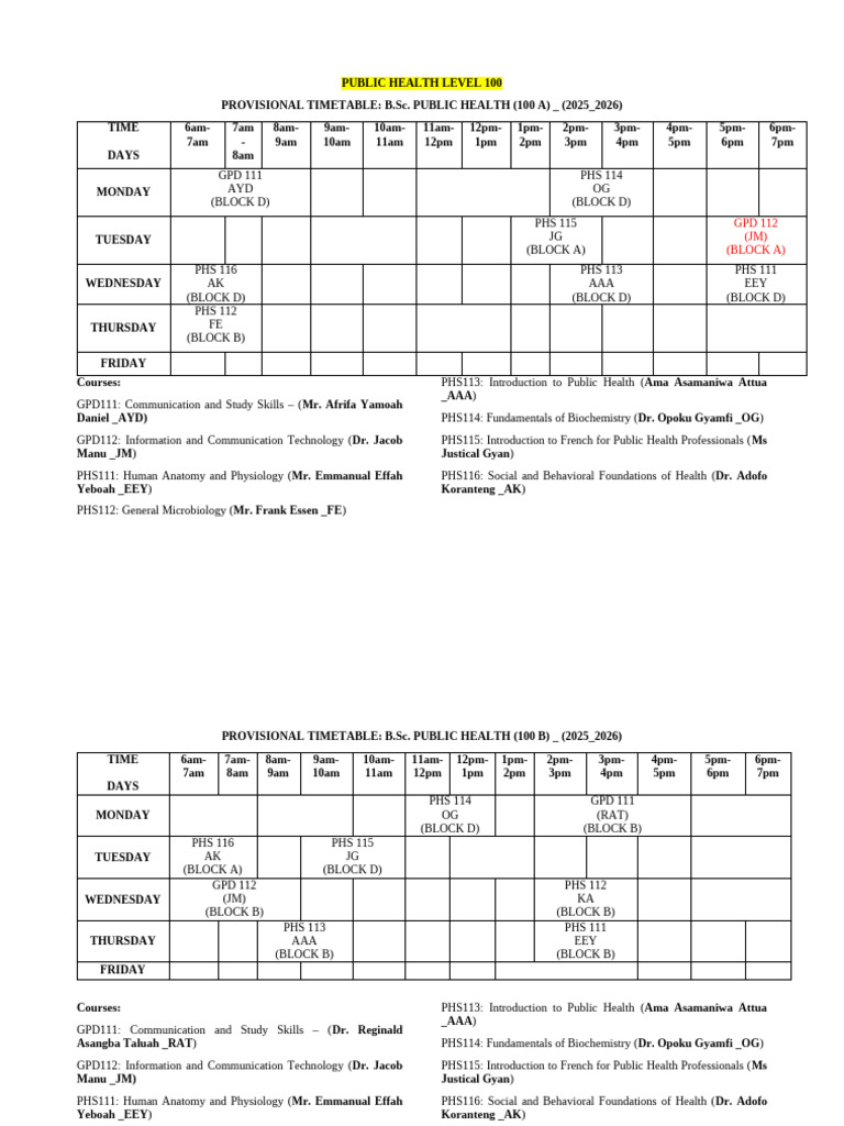 B.Sc. Public Health Timetable 2025-2026 | PDF