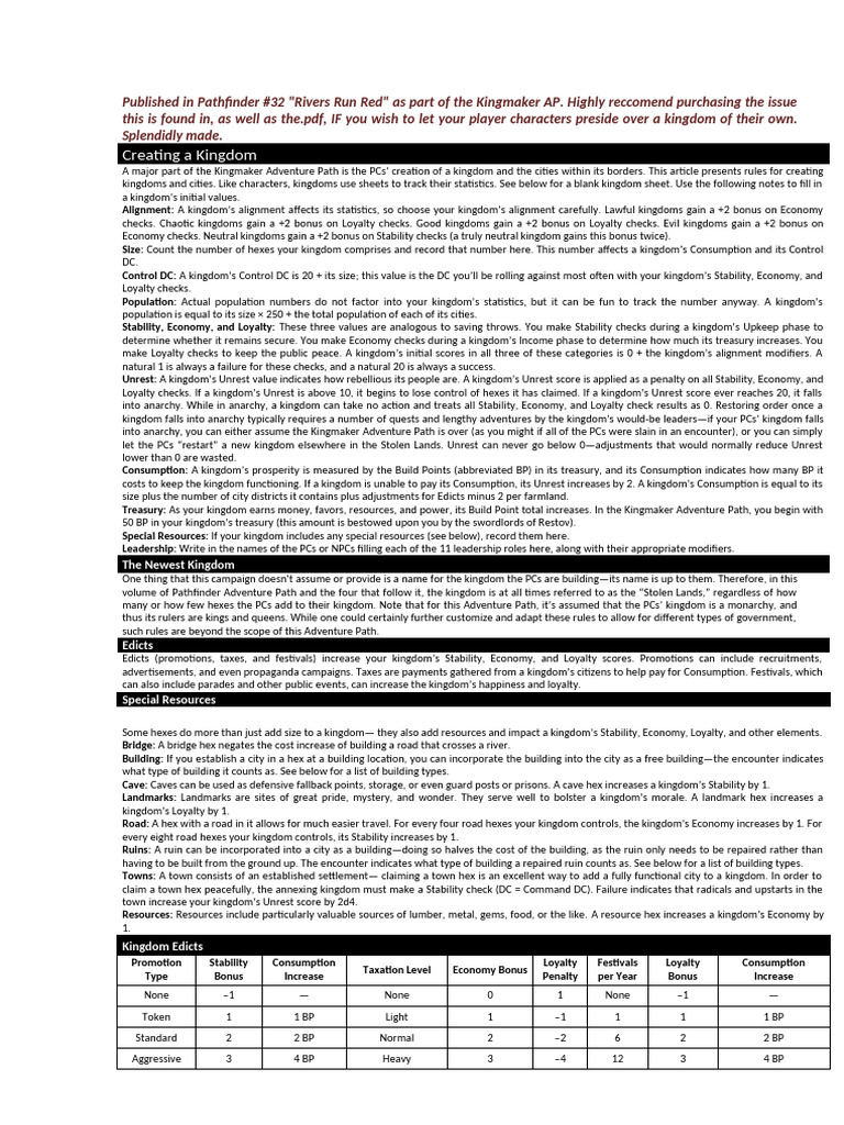 Kingdom Creation Rules for Kingmaker | PDF | Taxes