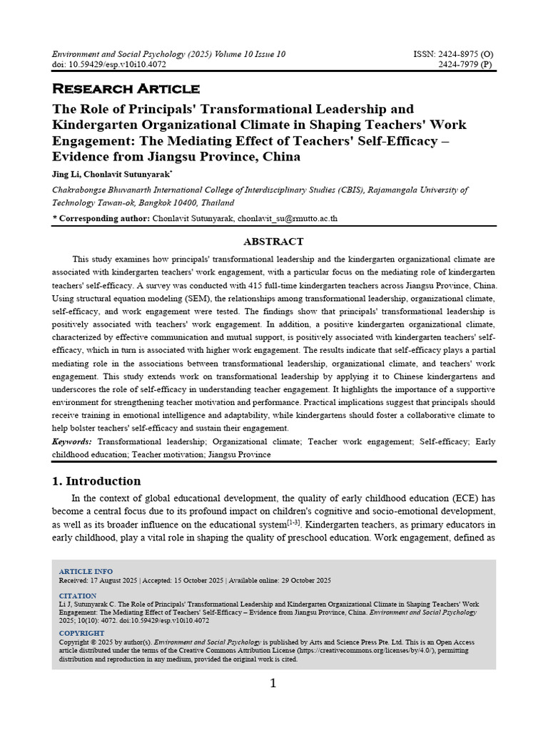 Transformational Leadership in Kindergarten | PDF | Self Efficacy ...