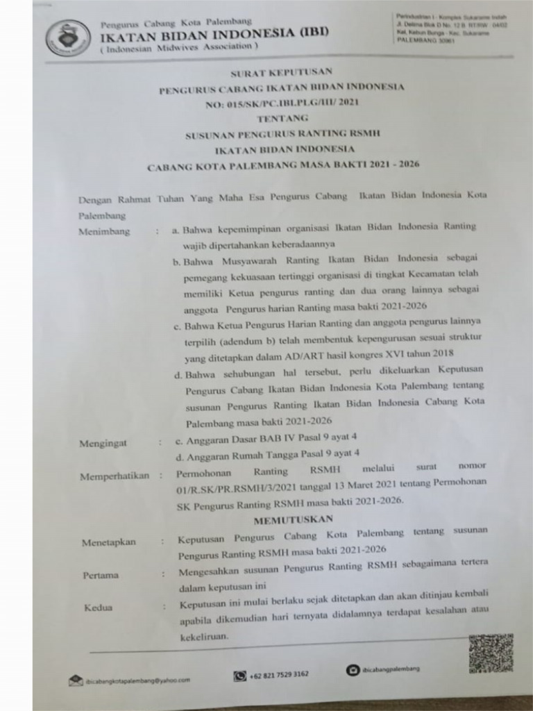 SK Pengurus Ibi RSMH 2021-2026 | PDF