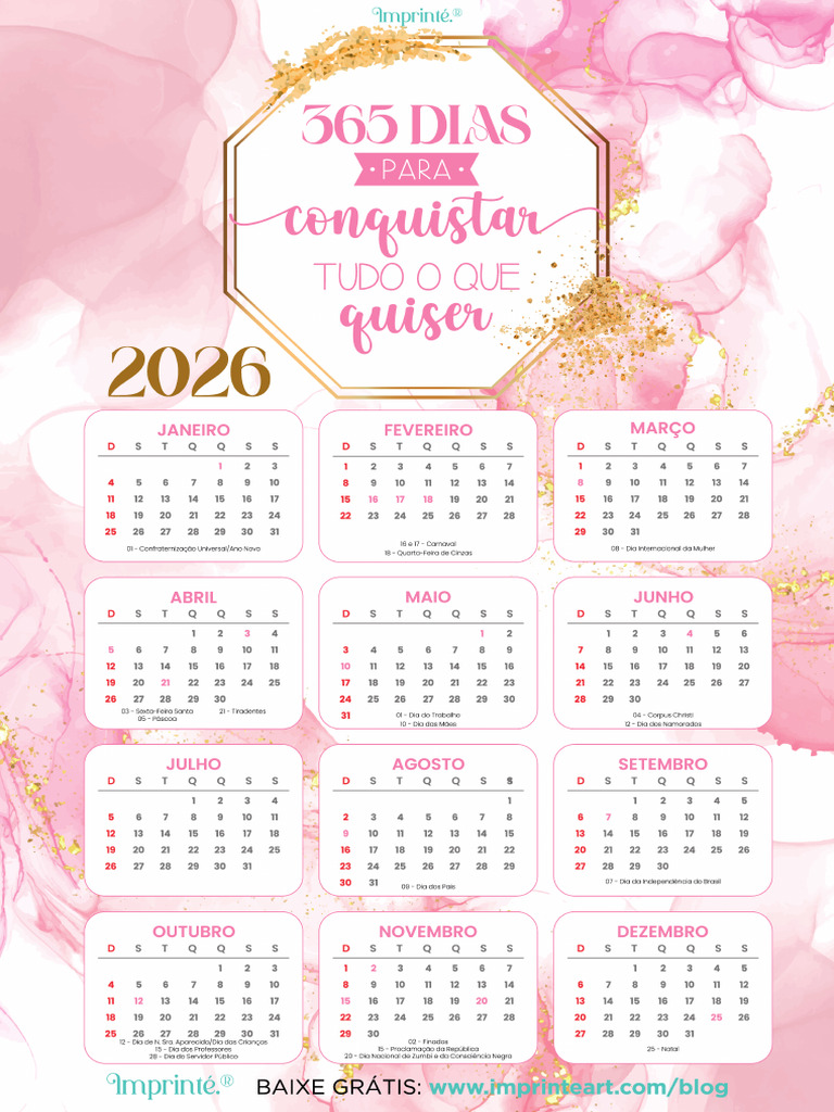 Calendário 2026 - Aquarela Rosa | PDF