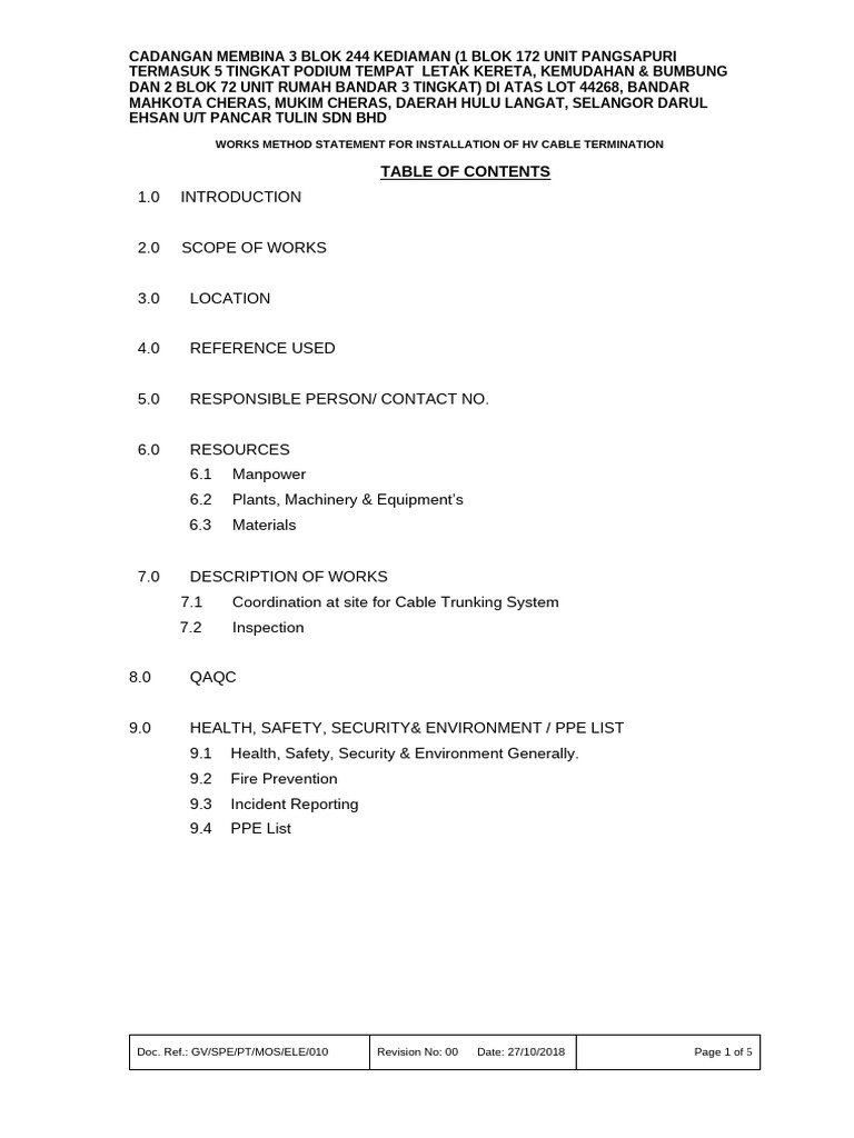 HV Cable Termination Method Statement | PDF | Fires | Welding