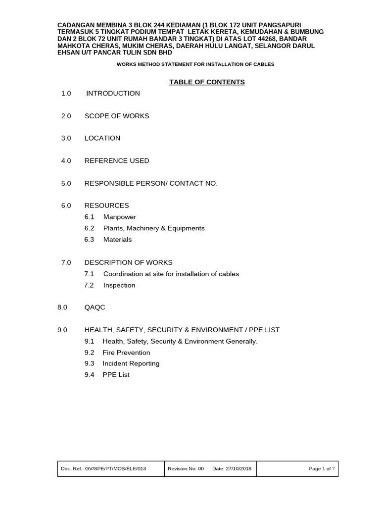 Method Statement for Cable Installation | PDF