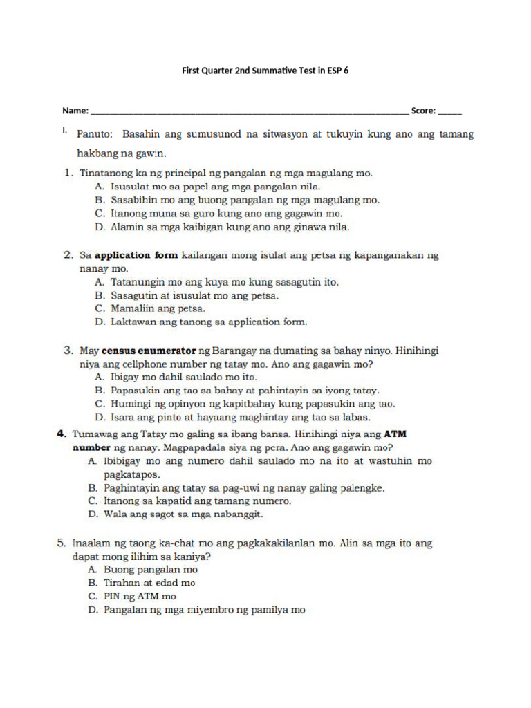 First Quarter 2nd Summative Test in ESP 6 | PDF