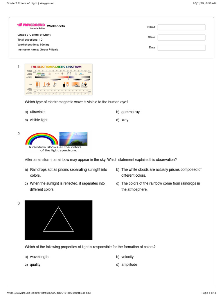 Grade 7 Colors of Light Quiz | PDF | Color | Light