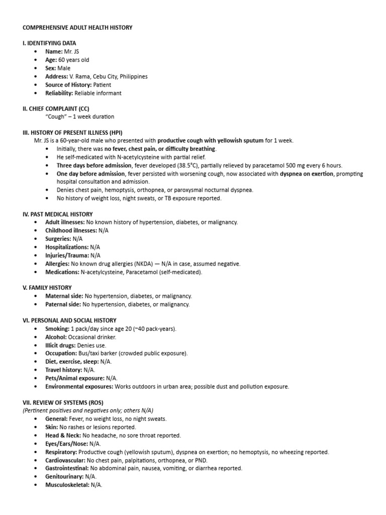Adult Health History: Pneumonia Case Study | PDF | Breathing | Lung