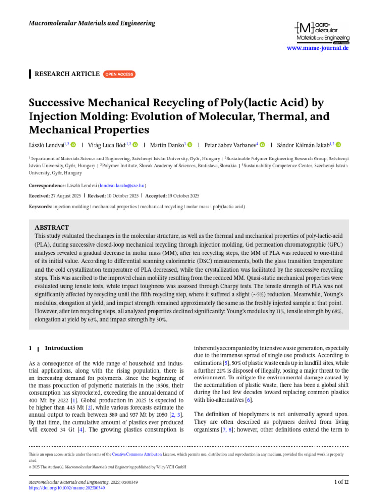 Mechanical Recycling of PLA via Injection Molding | PDF | Differential ...