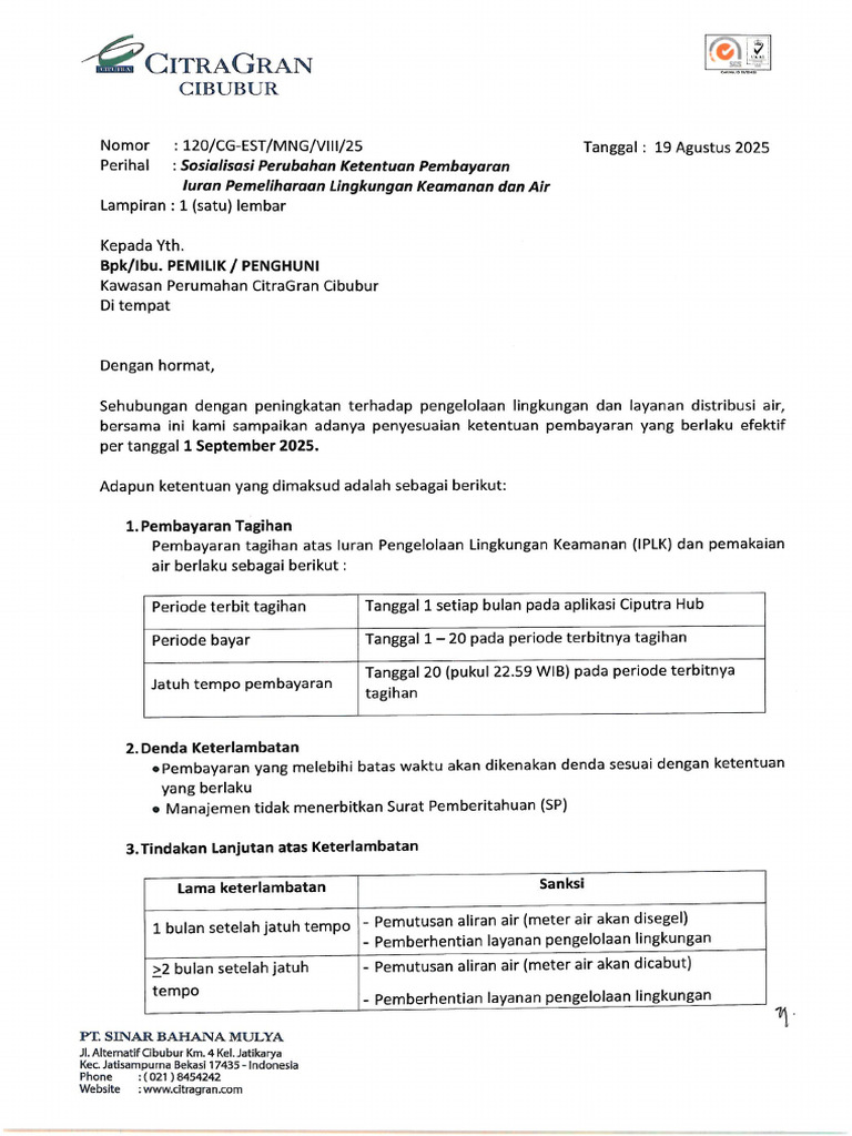 Surat Pemberitahuan Sosialisasi Ketentuan Pembayaran Iplk Dan Air | PDF