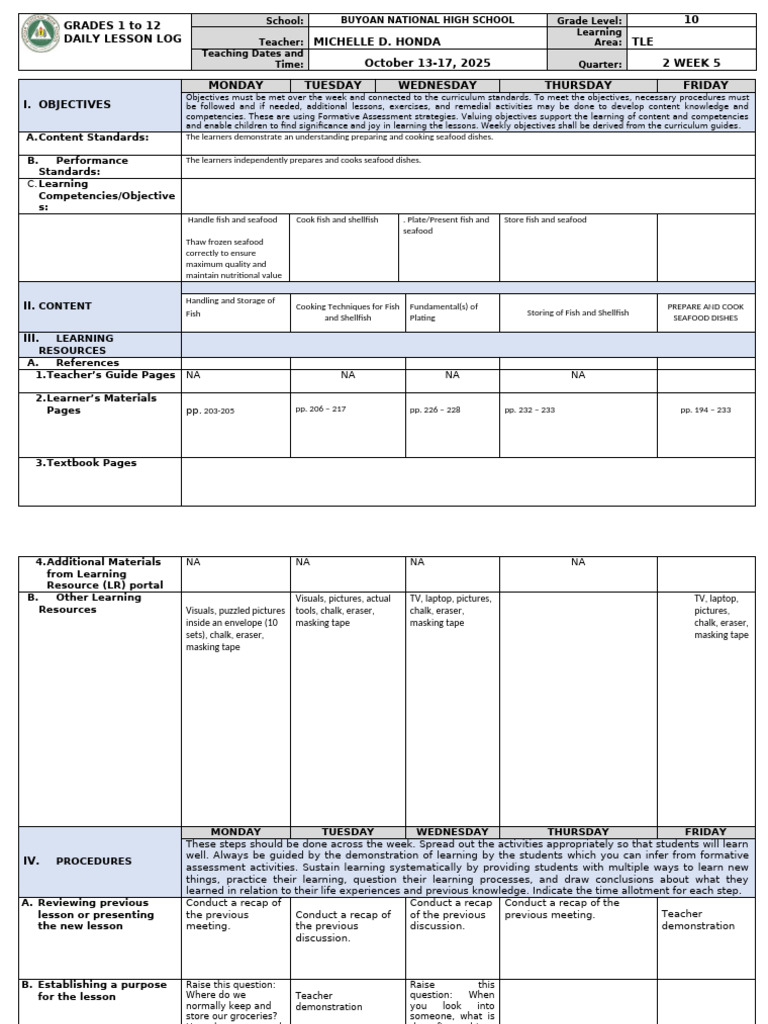 DLL TLE Quarter 2 Week 5 | PDF | Learning | Seafood