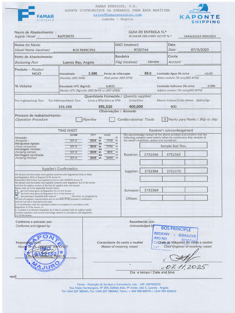 Bunker Delivery Note for BOS PRINCIPIE | PDF