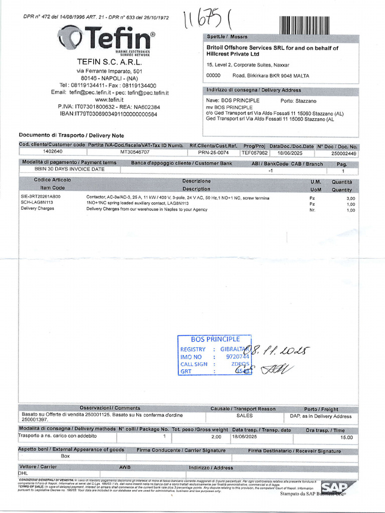 Delivery Note for BOS Principle Vessel | PDF