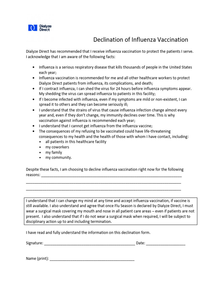 Influenza Vaccination Declination Form | PDF