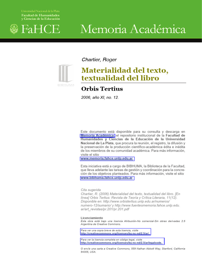 Chartier - Materialidad Del Texto, Textualidad Del Libro Copia | PDF ...