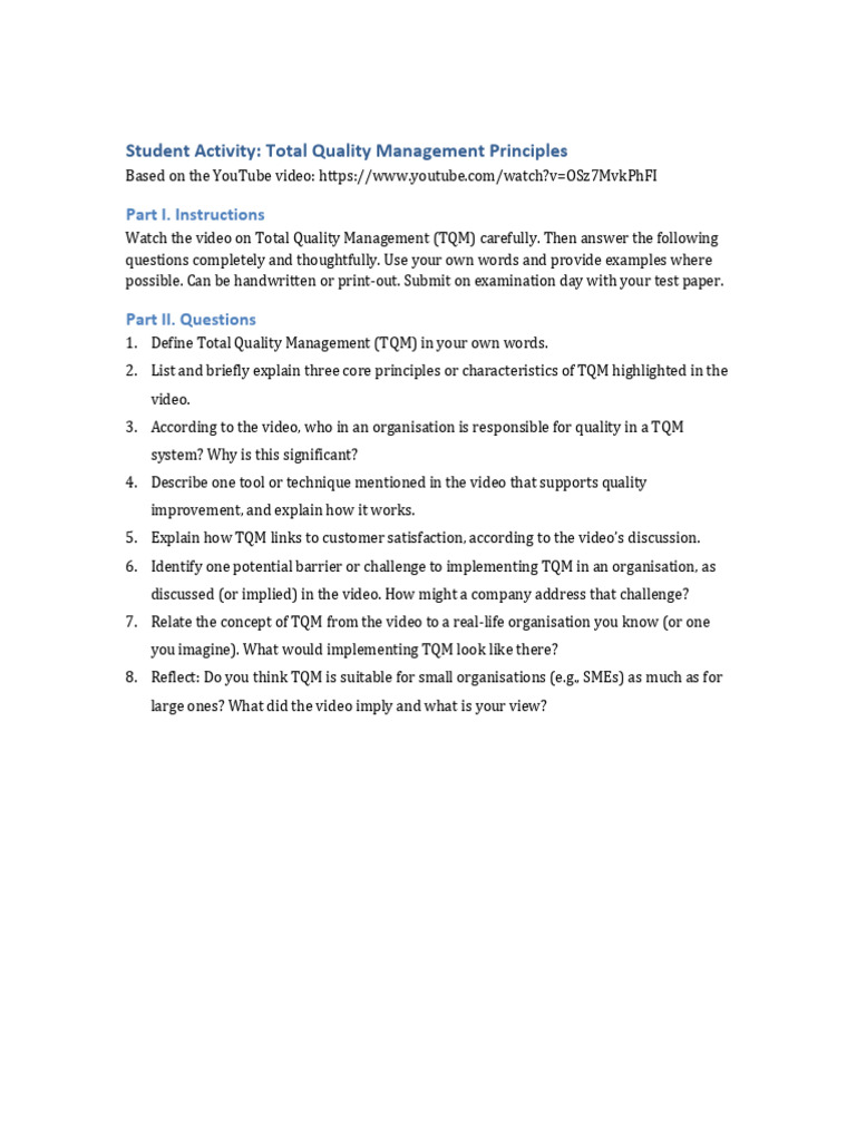 M-W-F - MGT Quality - Student - Activity | PDF