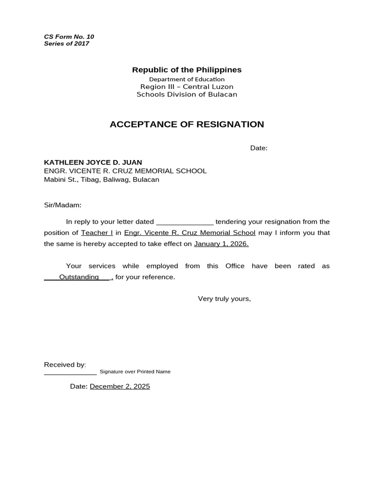 Acceptance of Resignation Template | PDF | Government | Philippines