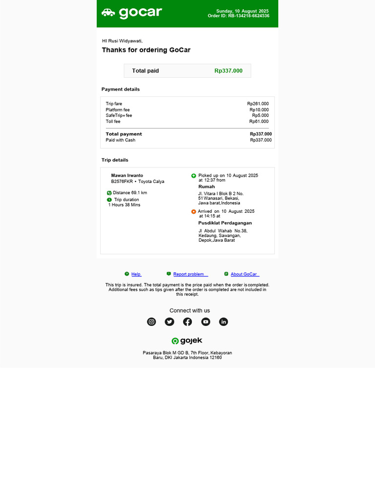 GoCar Trip Receipt and Details | PDF