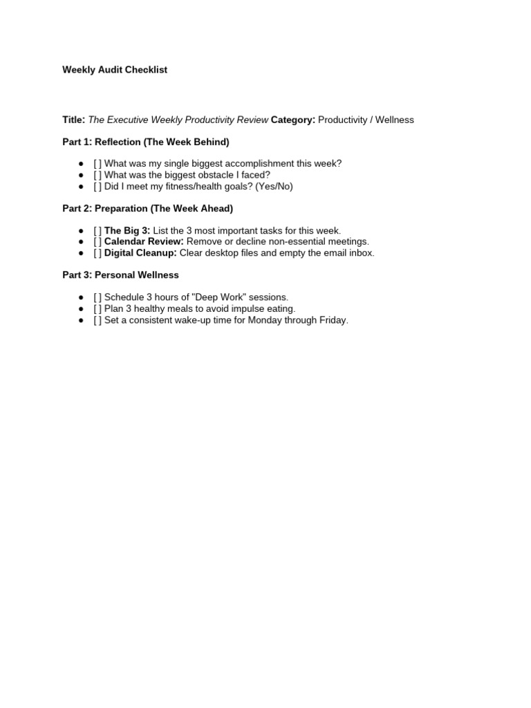 Weekly Productivity Audit Checklist | PDF