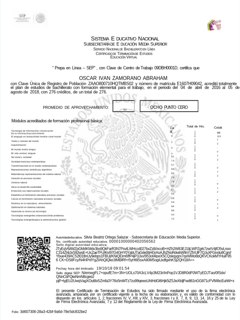 Certificado de Bachillerato en Línea SEP | PDF