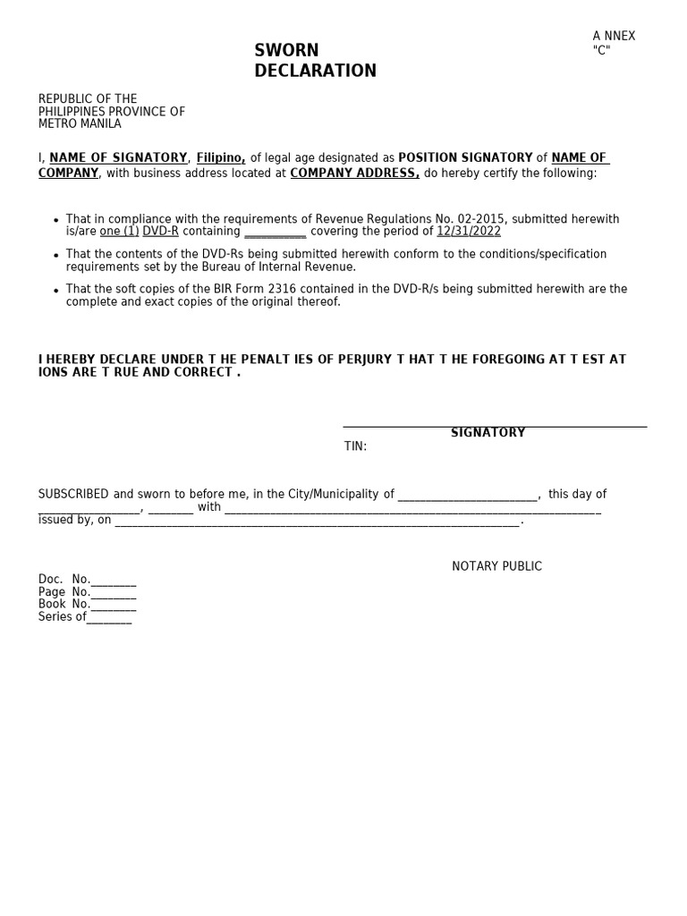 Sworn Declaration for BIR Compliance | PDF