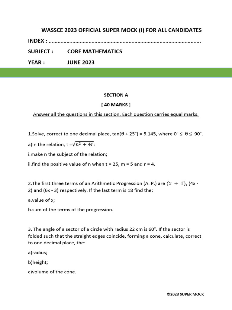WASSCE 2023 Core Mathematics Mock Exam | PDF | Euclidean Geometry ...