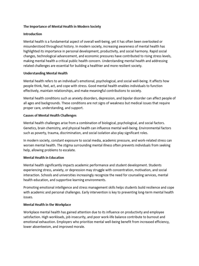 The Importance of Mental Health in Modern Society | PDF | Mental Health ...