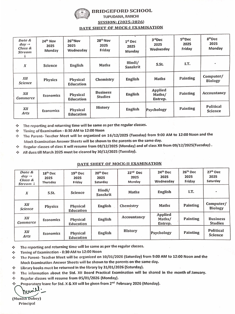 Date Sheet of Mock Examination 2025 | PDF