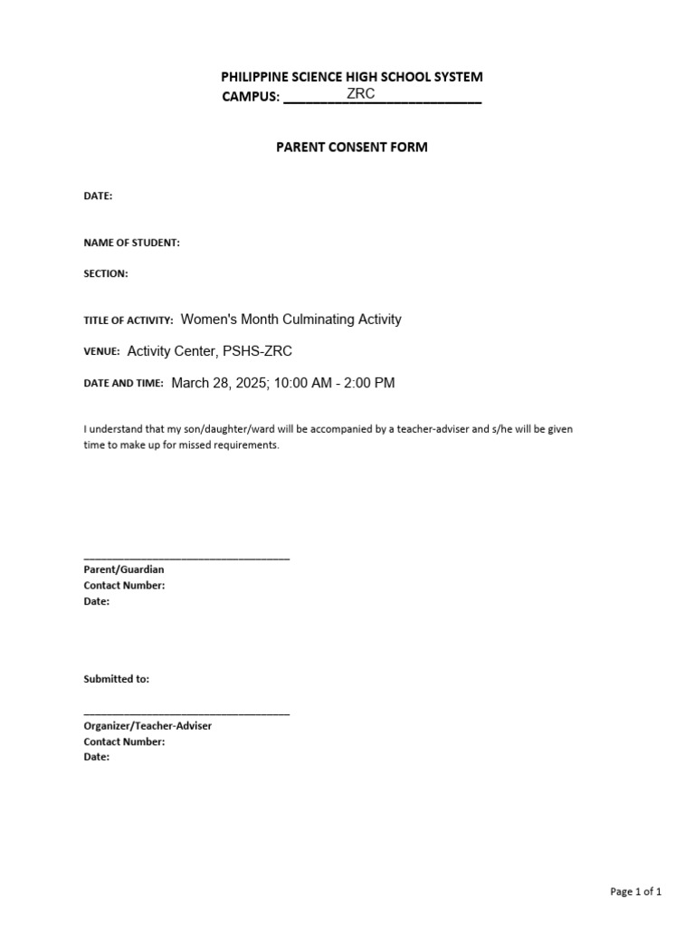 PSHS 00 F DSA 07 Ver02 Rev0 Parent Consent Form | PDF