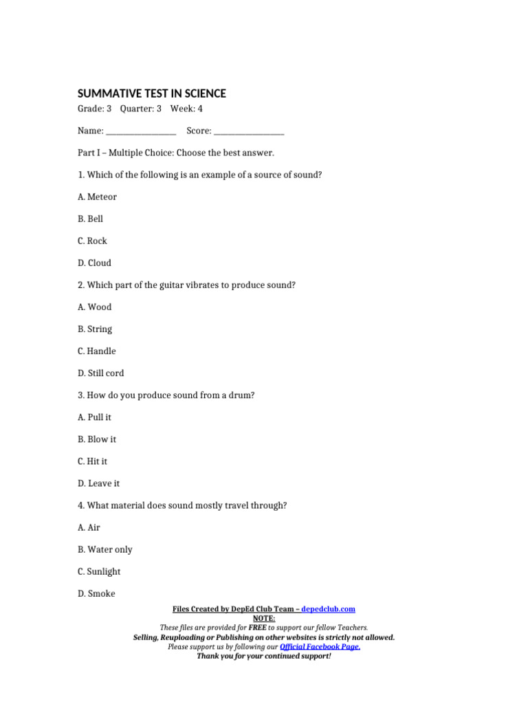 Grade 3 Science Sound Test | PDF | Sound | Acoustics
